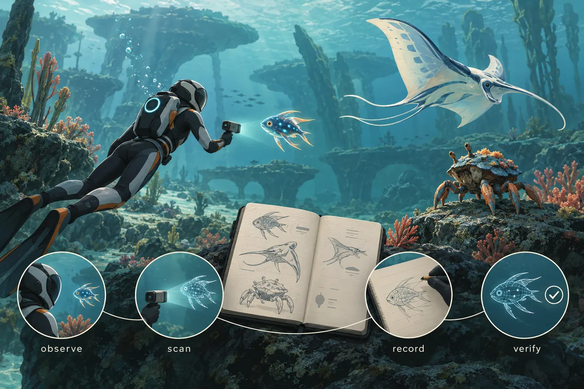 Mergulhador escaneando três criaturas alienígenas e anotando em um caderno para um guia de Subnautica 2