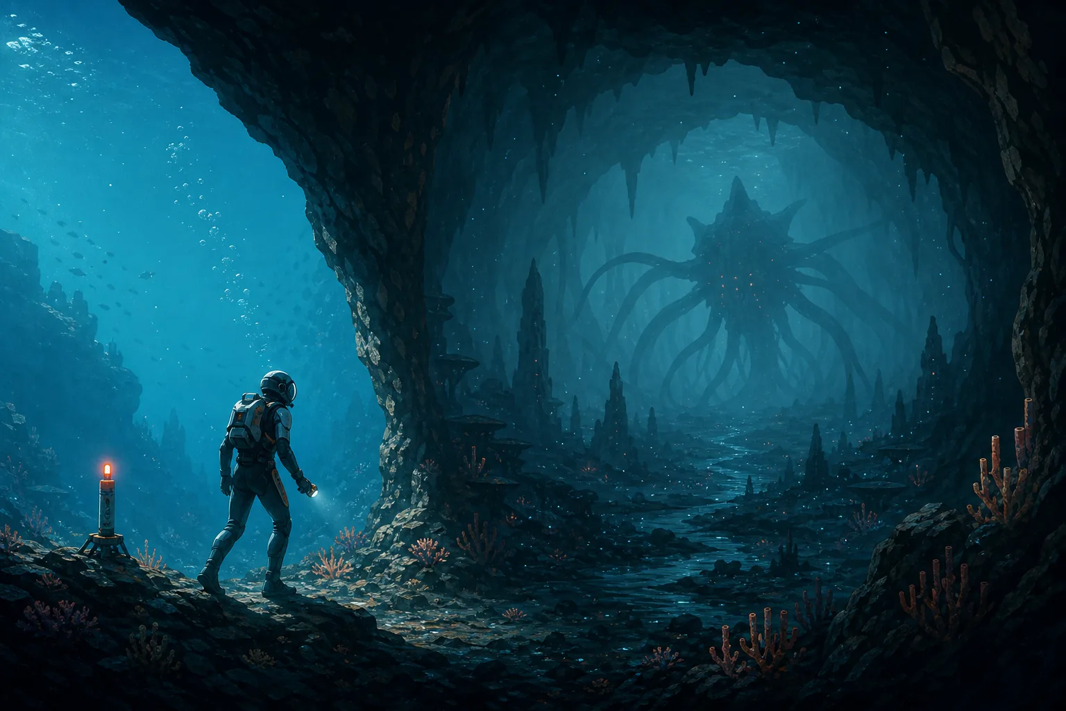출구 비콘을 남겨둔 채 Leviathan 동굴과 거리를 유지하는 잠수부를 그린 에디토리얼 콘셉트 일러스트