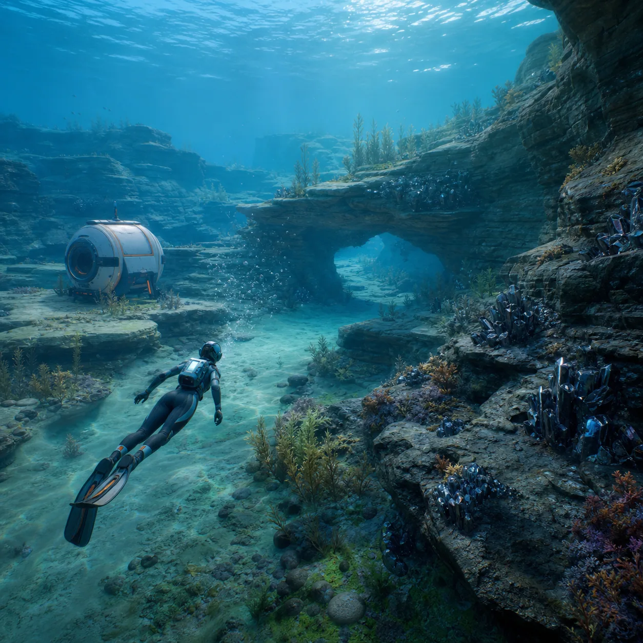 Redaktionelle Konzeptillustration einer Subnautica-2-Route von der Lifepod zu Mineralvorkommen