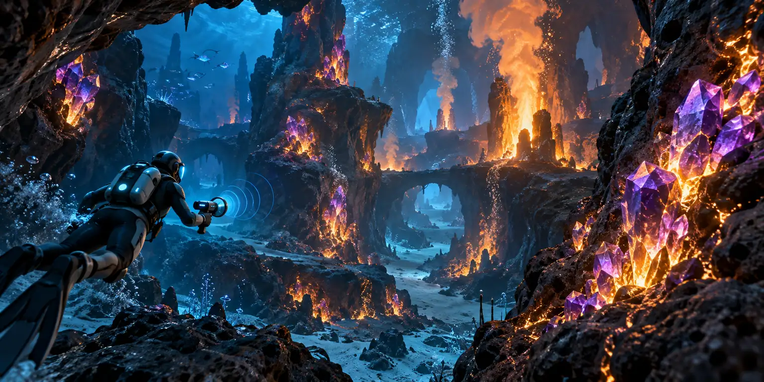 Offizielles Subnautica-2-Spielbild mit dem Tadpole in einem heißen Unterwasserbiom