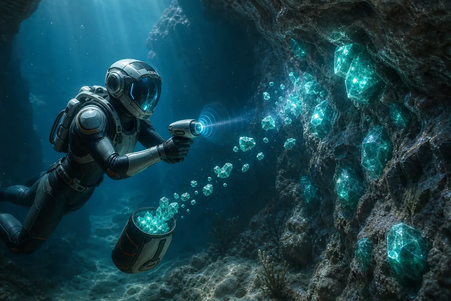 Editoriale Konzeptgrafik eines Sonic Resonators an einer Unterwasser-Mineralwand