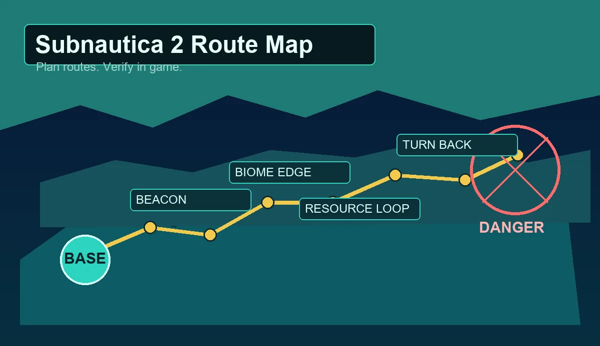 Editorial Subnautica 2 map navigation diagram with base, beacon route, biome edge, resource loop, and danger zone