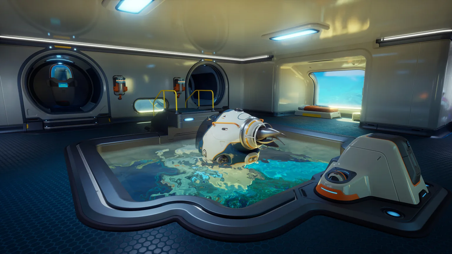 Captura oficial de Subnautica 2 mostrando um Tadpole dentro de uma base